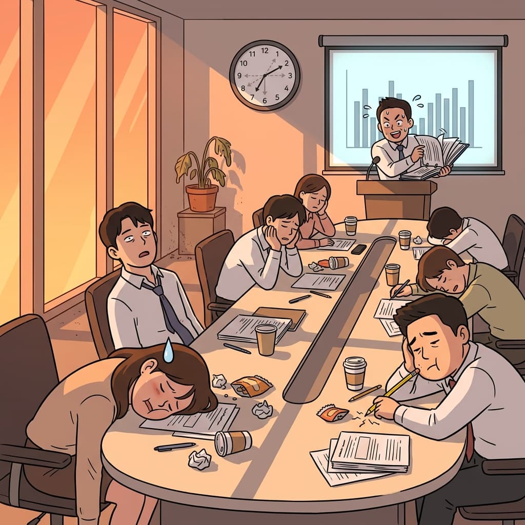 회의가 끝날 줄을 몰라서 다들 시계만 쳐다봤다.