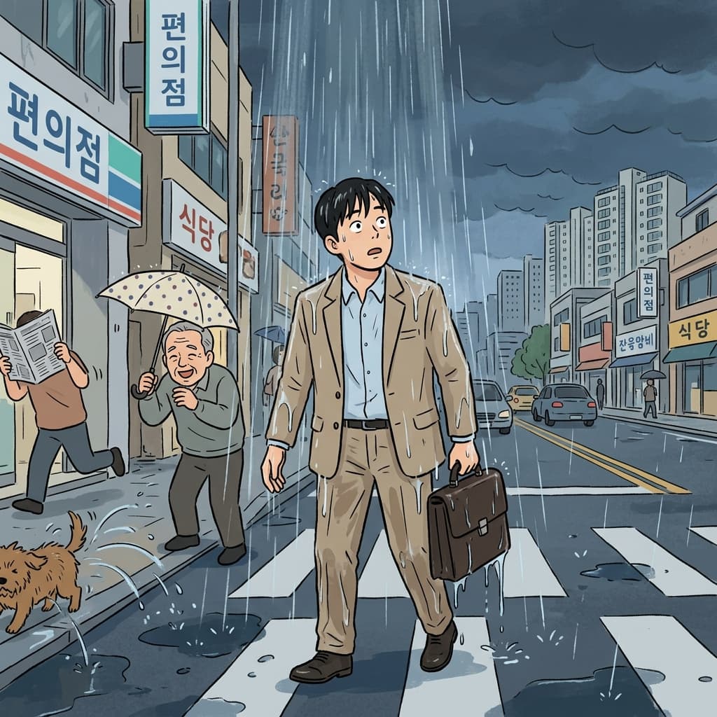 갑작스러운 소나기에 우산 없는 사람들이 흠뻑 젖었다.