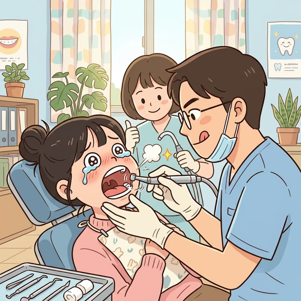 치과의사가 작은 드릴로 환자의 충치를 조심스럽게 갈아낸다.