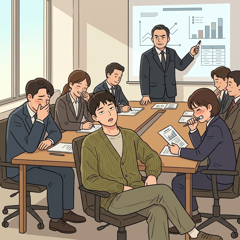 그의 엉뚱한 한마디에 회의실이 조용히 빵 터졌다.