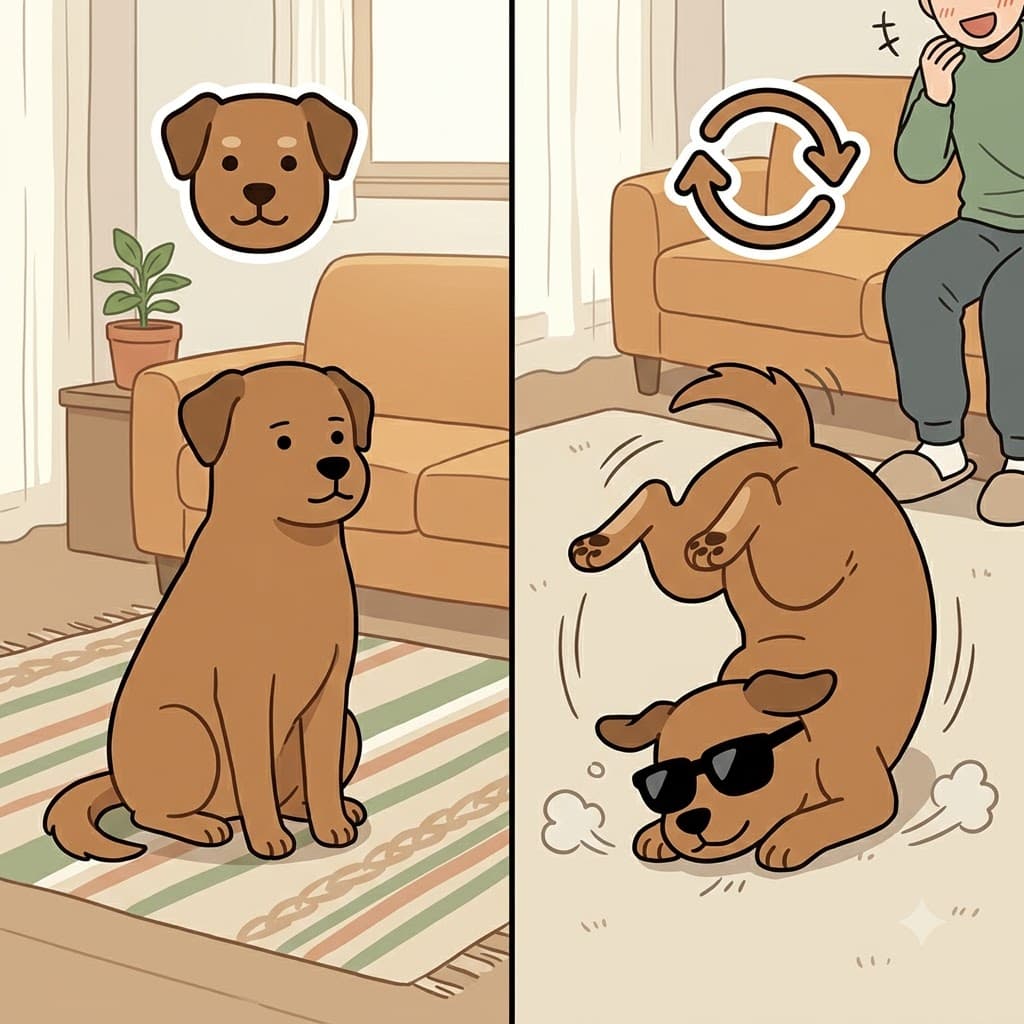 D(개) + ROLL(구르다) — 평범한 묘기 대신, 개(D)가 바닥에서 우스꽝스럽게 구르며(ROLL) 매우 익살스러운(droll) 재능을 보여주었다.