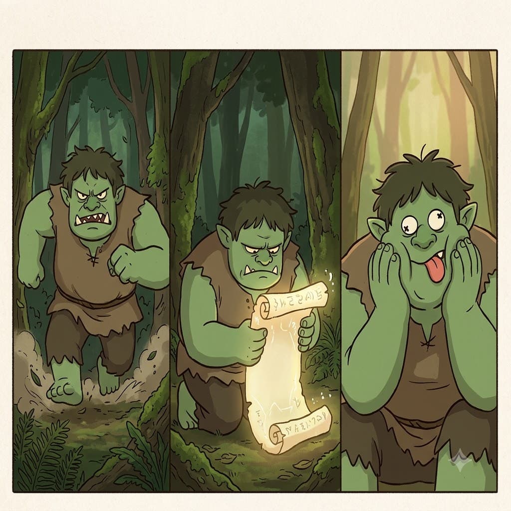 무서운 트롤(troll)이 마법의 두루마리(scroll)를 열더니, 갑자기 완전히 우스꽝스러운(droll) 표정을 지었다.