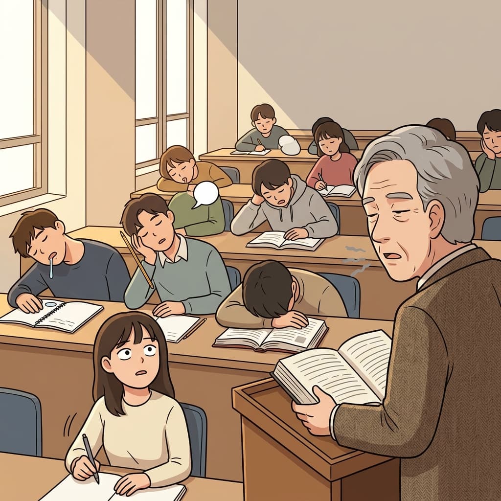 교수님 목소리가 너무 단조로워서 다들 꾸벅꾸벅 졸고 있다.