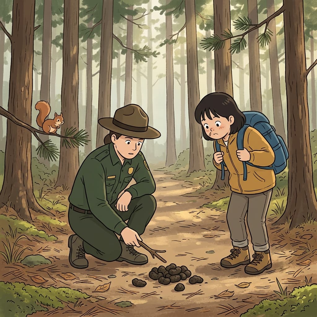 숲길에서 곰 배설물을 발견한 순찰대원이 조심스럽게 살핀다.