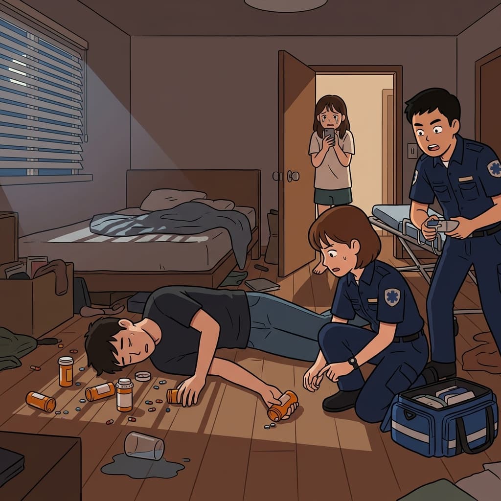 약물 과다복용으로 쓰러진 그를 구급대원들이 급히 옮겼다.