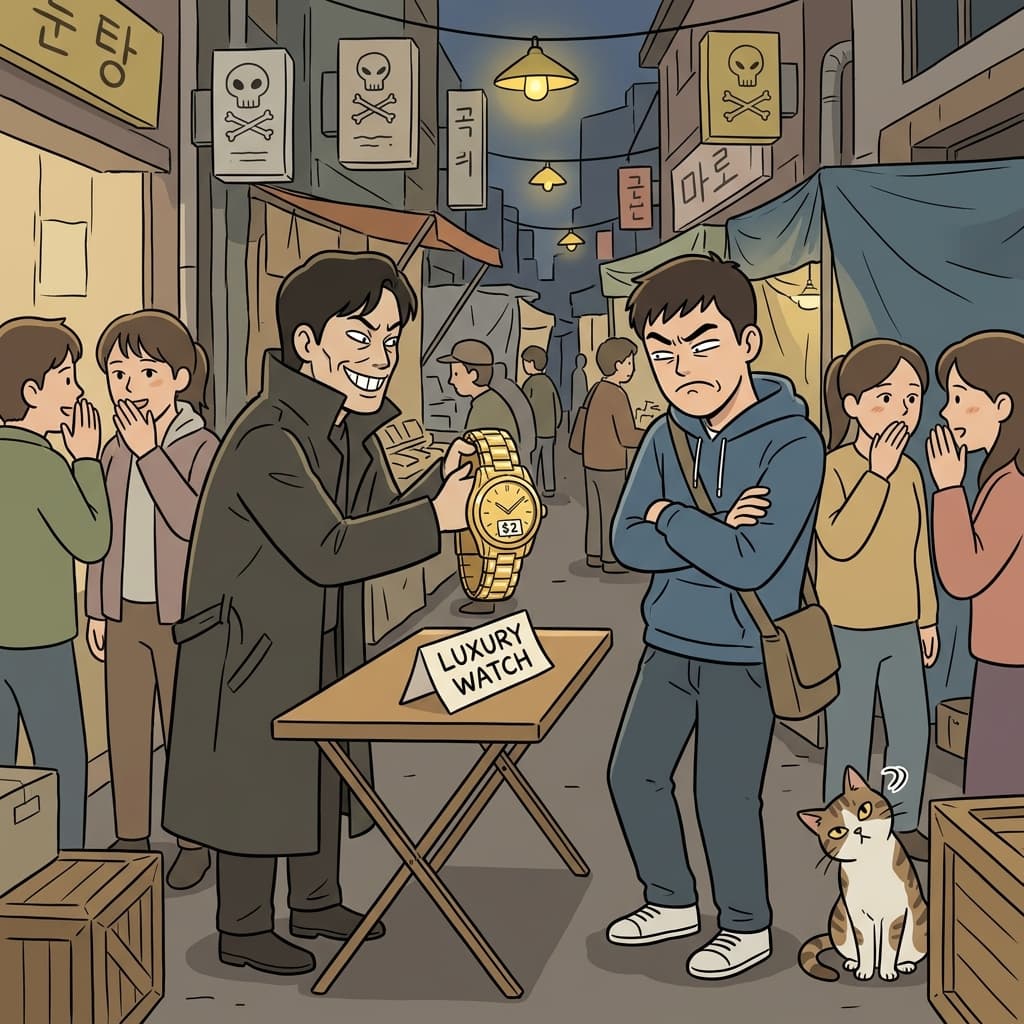 길거리 상인이 파는 '진짜 금시계'를 그는 의심스럽게 쳐다봤다.