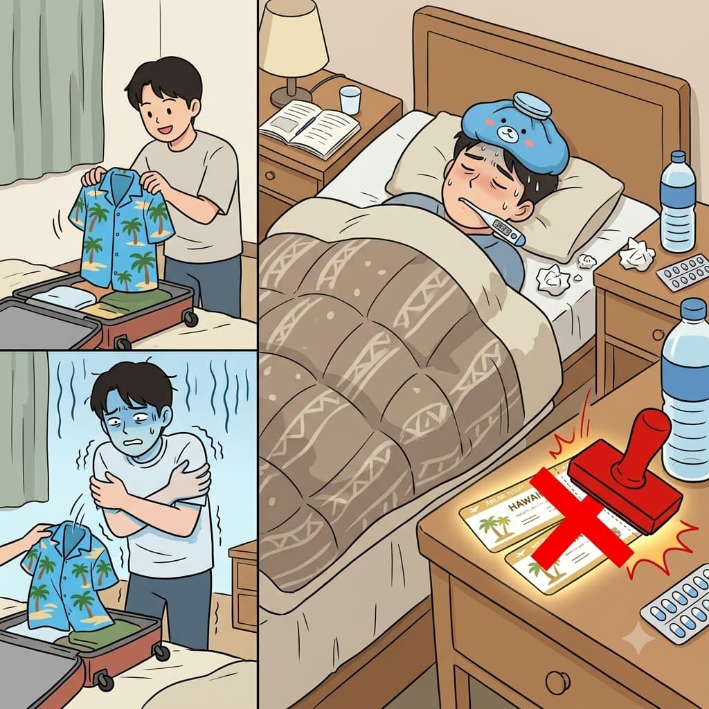 끔찍한 독감(flu)에 걸려 떨리는 그의 얼굴이 병들고 창백한 파란색(blue)으로 변한 후, 그의 열대 휴가는 갑작스러운 질병 때문에(due to) 슬프게도 취소되었다.