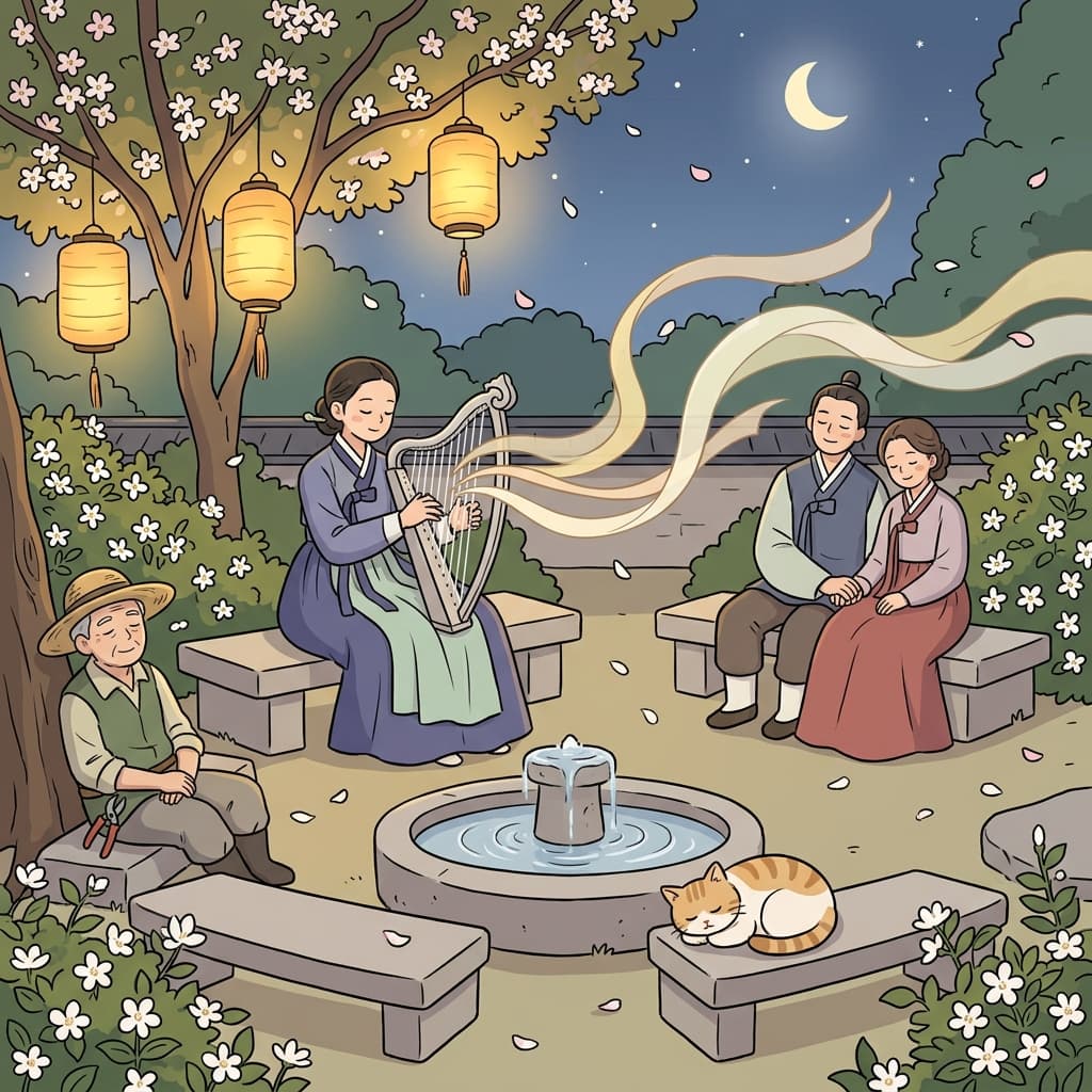 하프 소리가 달빛 정원에 부드럽게 퍼지자 모두가 편안해졌다.