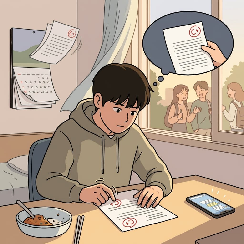 그는 시험 점수 하나에 계속 사로잡혀 있다.