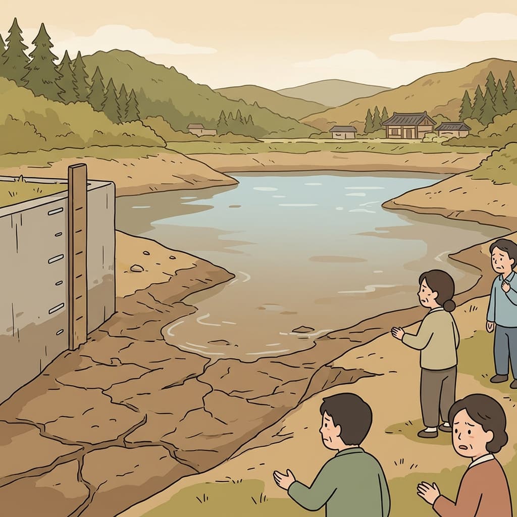 긴 가뭄 동안 물은 점점 줄어들었다. ("줄어들!" → 계속 줄어들고 또 줄어든다)