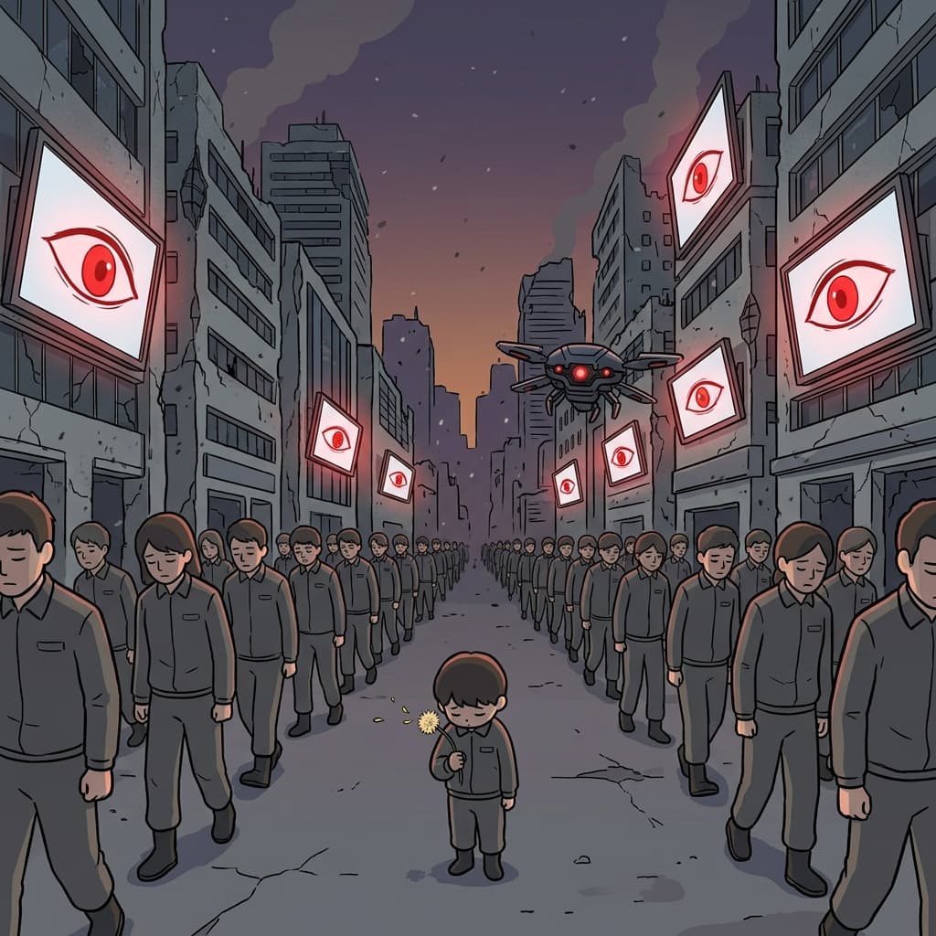 잿빛 도시에서 사람들이 감시 화면 아래 줄지어 걸어간다.