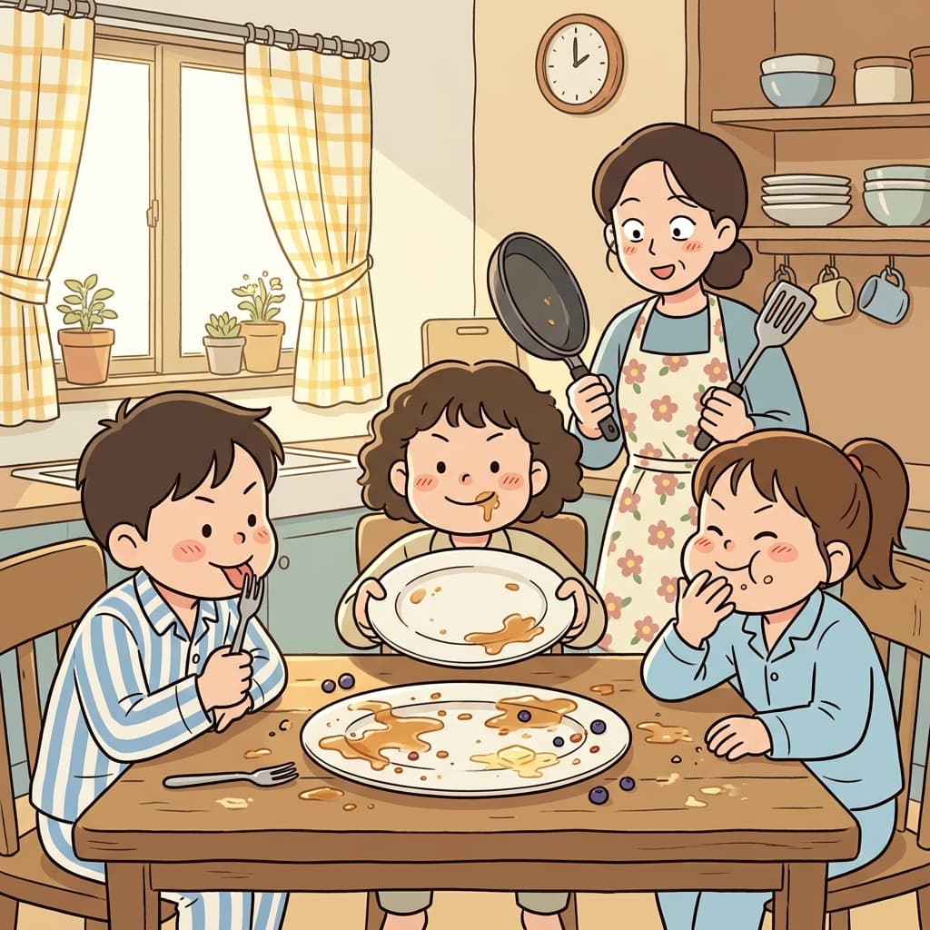 배고픈 아이들이 팬케이크를 남김없이 싹 다 먹어치웠다.