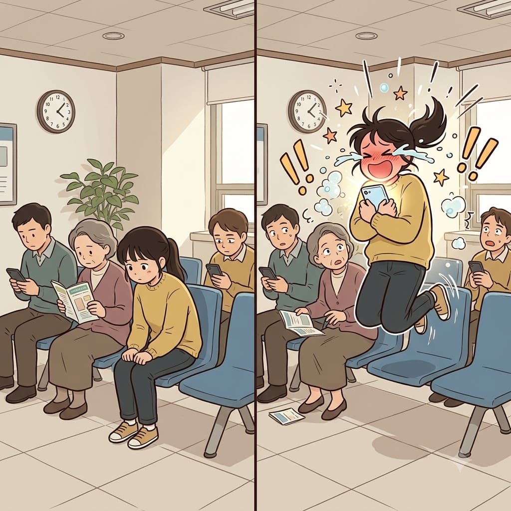 대기실의 다른 사람들이 쥐죽은 듯 조용한 동안, 소녀는 순수한 환희(ebullience) 속에서 펄쩍 뛰며 자신의 전화를 끌어안았다.