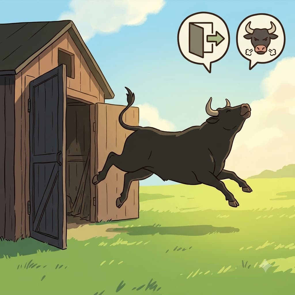 E(밖으로) + BULL(황소) — 황소(BULL)는 우리 밖으로(E) 뛰쳐나오며 넘치는 활기(ebullient)를 보였다.
