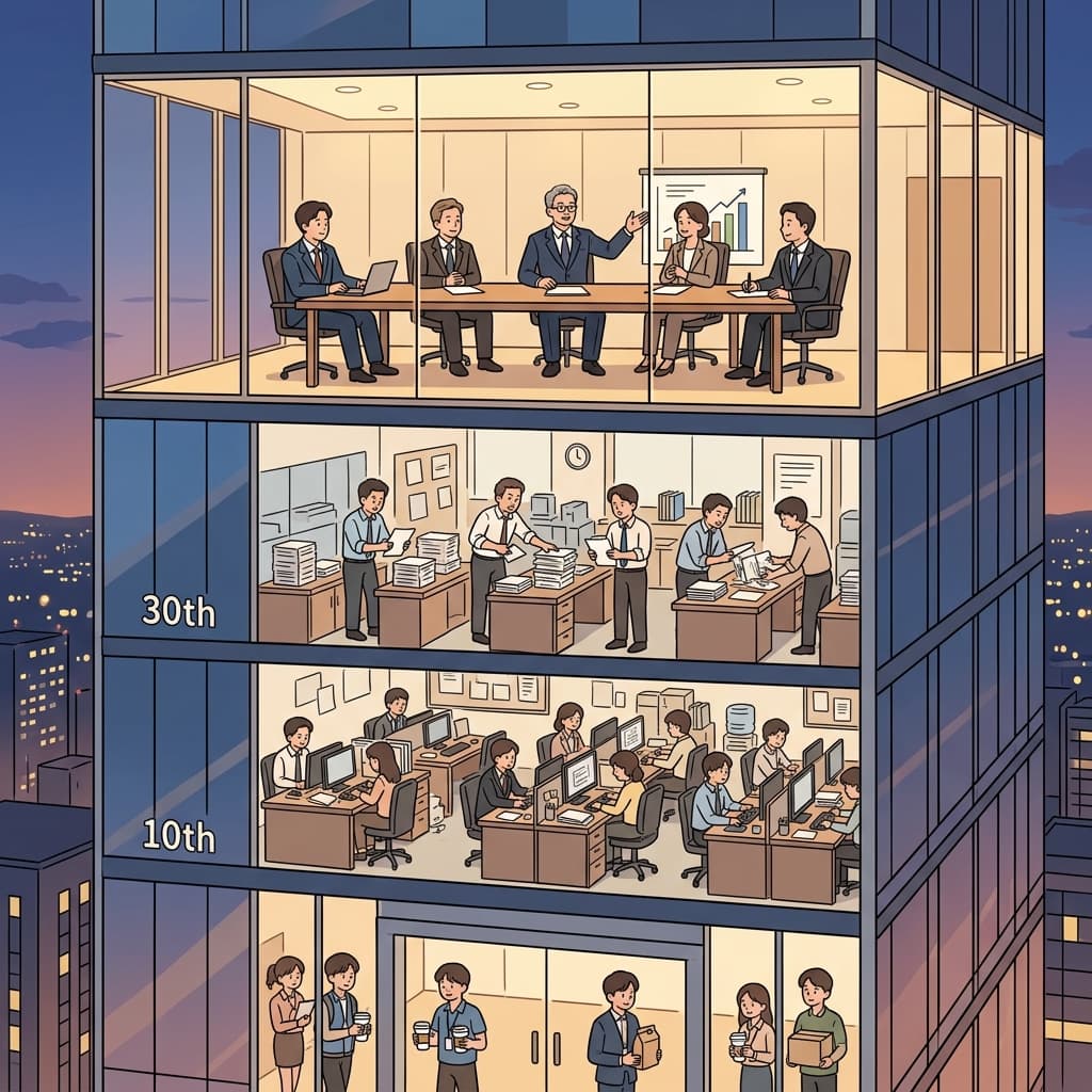 회사 최고위층이 펜트하우스 회의실에 모여 중대한 결정을 내린다.
