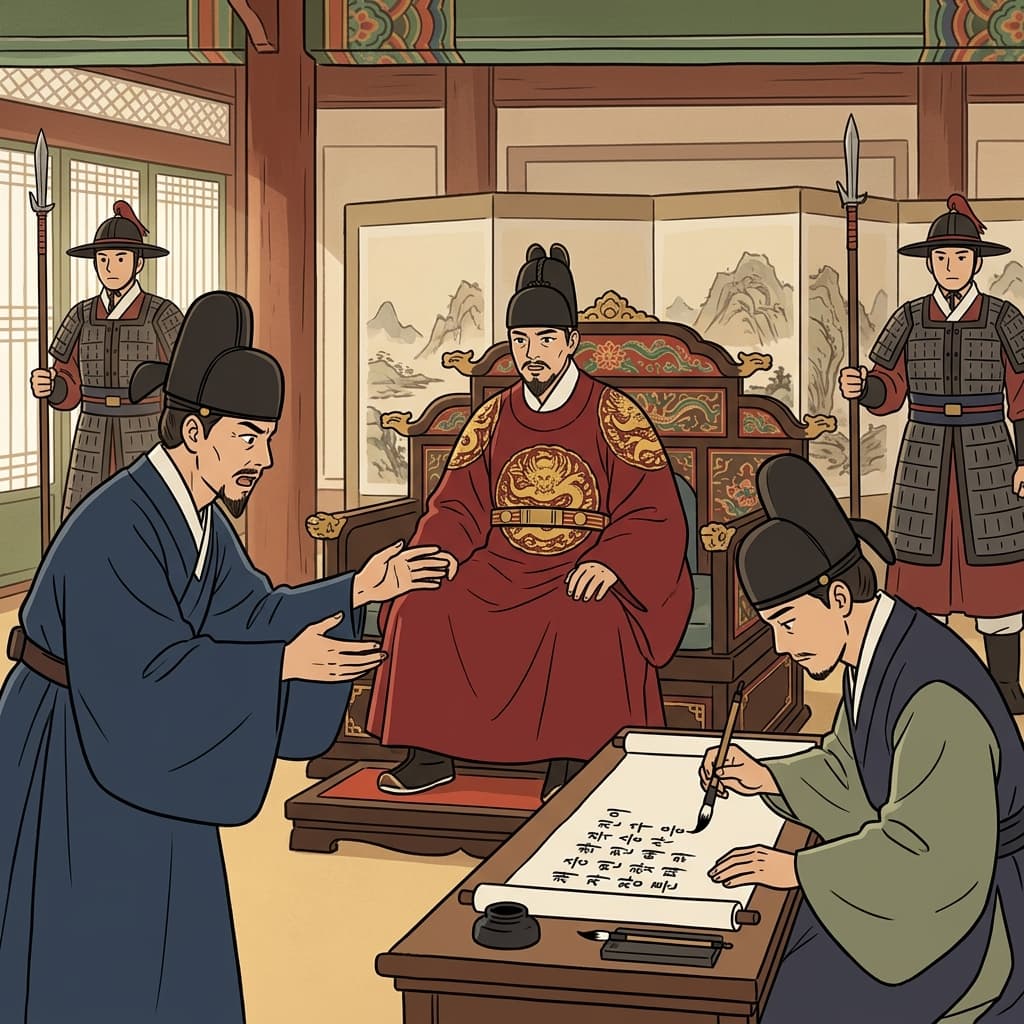왕실 신하는 "에이, 딕테이트!(Hey, dictate!)"라고 외쳤고, 왕은 중요한 칙령(edict)을 선포했다. (왕이 받아 적으라고(dictate) 명령한다.)
