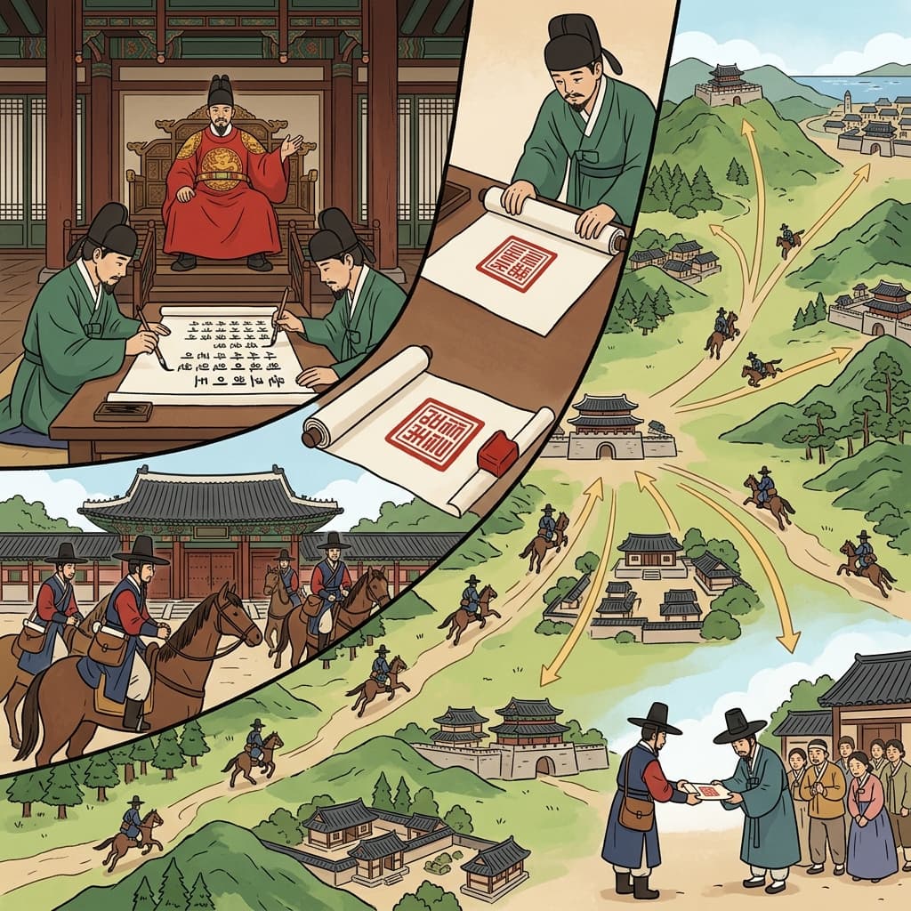 왕은 모든 전령에게 전달할 칙령(edict)을 구술했다.