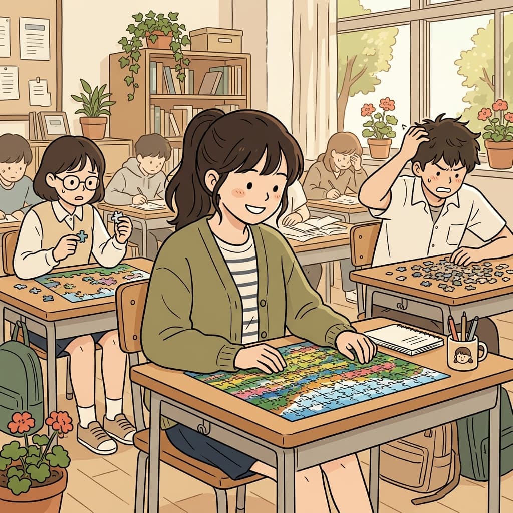 그녀는 어려운 퍼즐을 힘들이지 않고 자신 있게 풀었다.