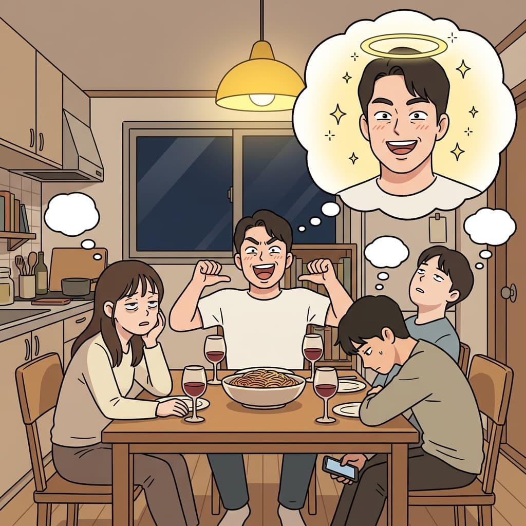 그는 무슨 얘기든 결국 자기 이야기로 돌려놨다.