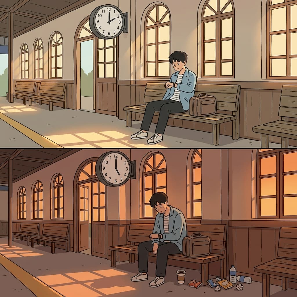 그가 역에서 기다리는 동안 세 시간이 훌쩍 지나갔다.