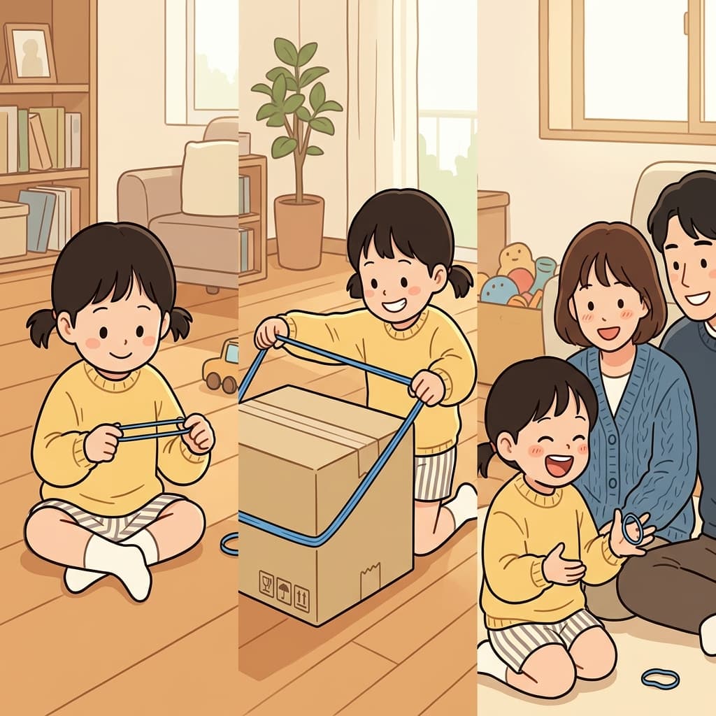 고무줄은 길게 늘어났다가 다시 원래 모양으로 돌아왔다.