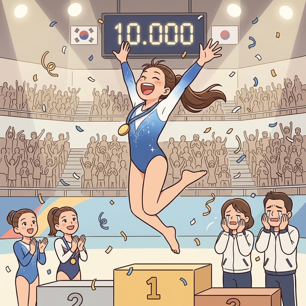 금메달을 딴 순간, 어린 체조선수가 하늘을 날 듯 기뻐했다.