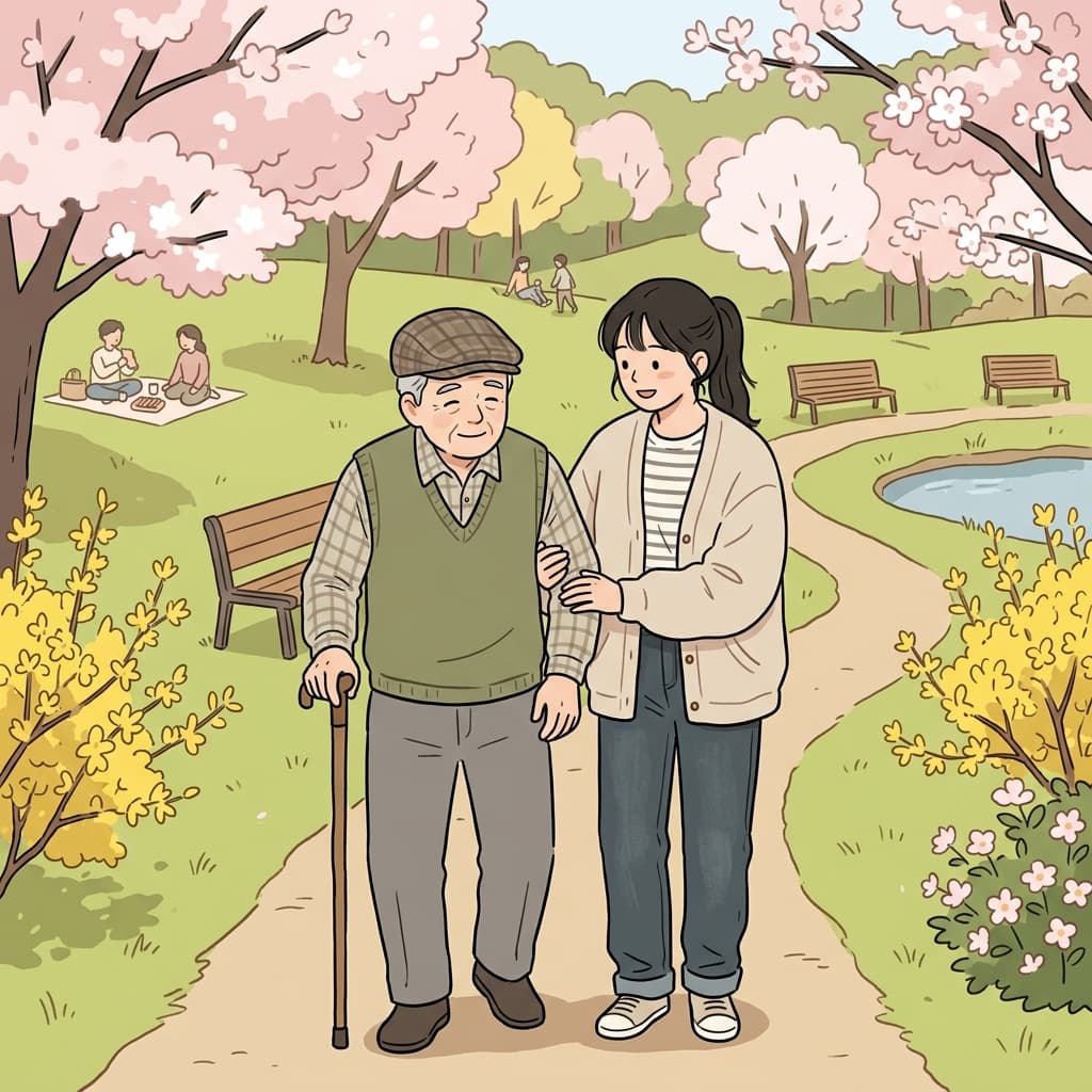 손녀는 공원을 걸으며 고령의 할아버지를 다정하게 부축했다. (나이가 더(older) 많은 분)