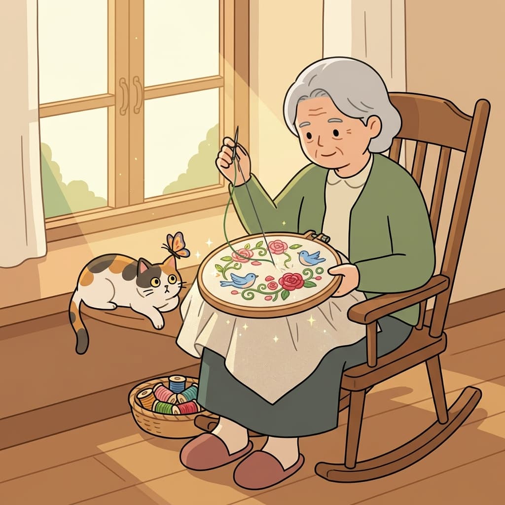 할머니가 자수를 놓으니 밋밋한 쿠션이 장미 정원이 됐다.