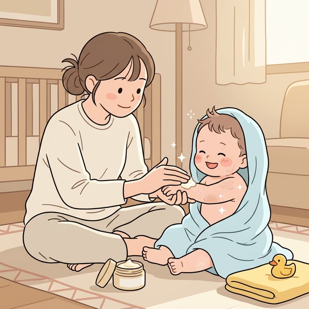아기 피부가 건조해서 부드러운 보습 크림을 발라줬다.
