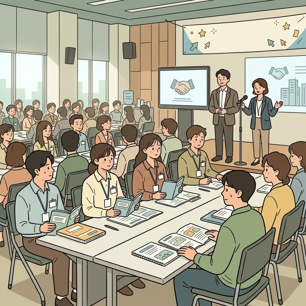 신입 직원들은 회사 첫날 오리엔테이션 교육에 참석했다.