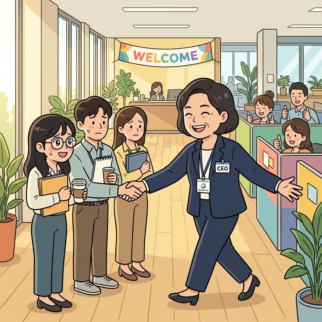 사장님이 첫 출근한 신입들을 환하게 맞이한다.