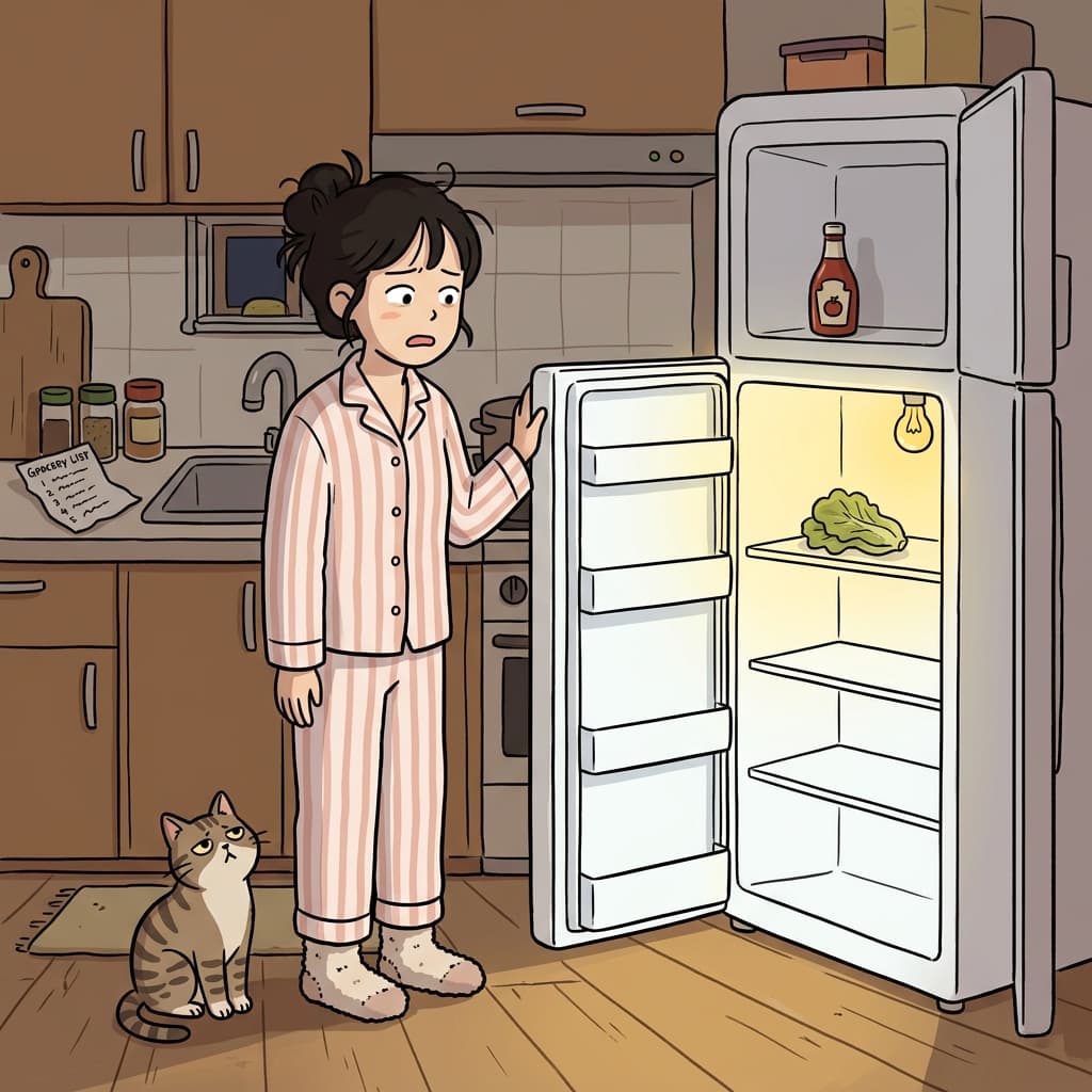 장 보는 걸 까먹은 한 주 끝에, 텅 빈 냉장고만 멍하니 바라봤다.