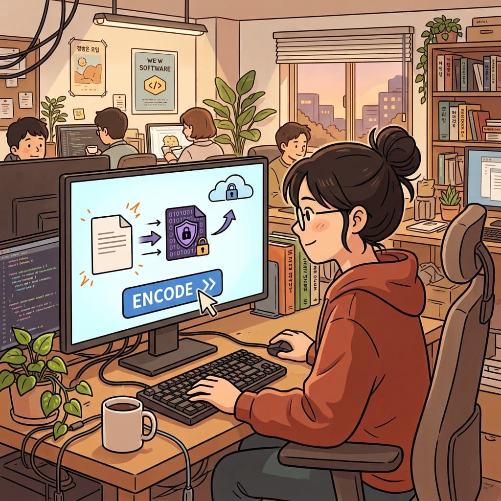 기술자는 보안 파일을 업로드하기 전에 암호화했다. (Code(코드)로 만든다(En). → 암호화하다)