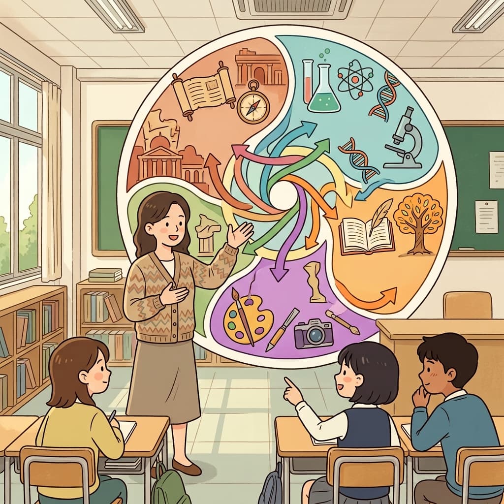 그 강의는 역사, 과학, 문학, 예술을 모두 아우른다.