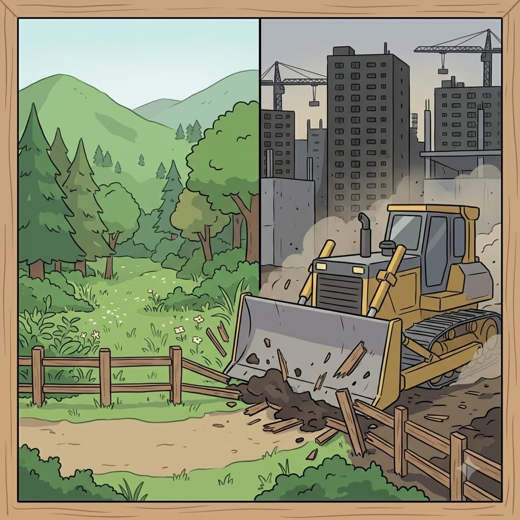 나무 경계선을 부수며, 팽창하는 회색 도시는 푸른 숲을 잠식하고 침범하기(encroach) 시작했다.