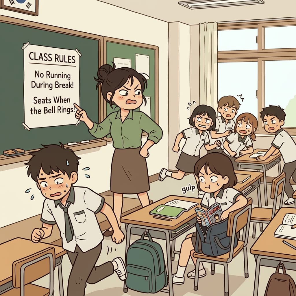 선생님은 모두가 바르게 행동하도록 교실 규칙을 시행했다.