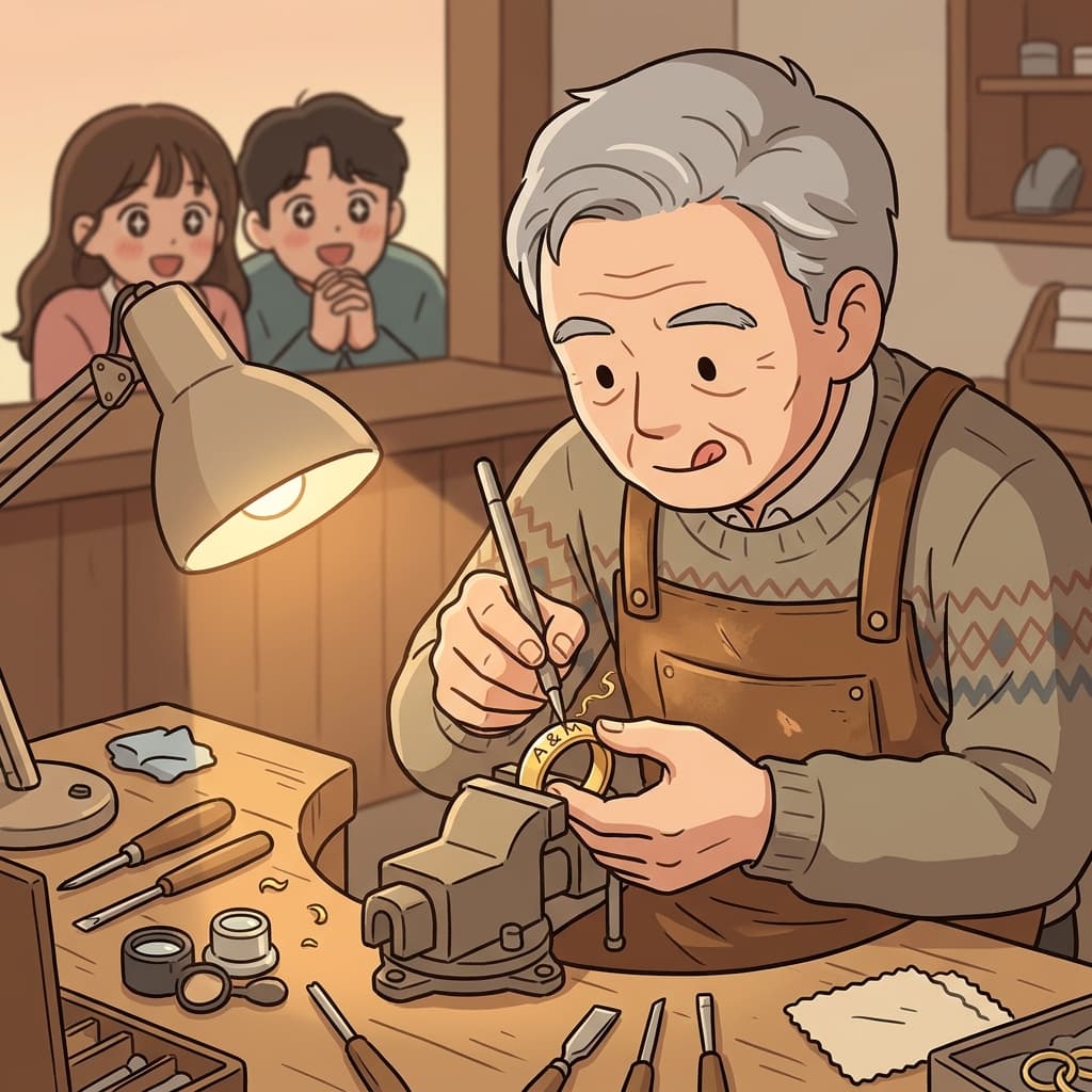 장인이 결혼반지 안쪽에 두 사람의 이니셜을 새기고 있다.