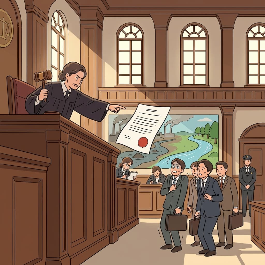 판사가 회사에게 강물 오염을 즉시 중단하라고 명령했다.