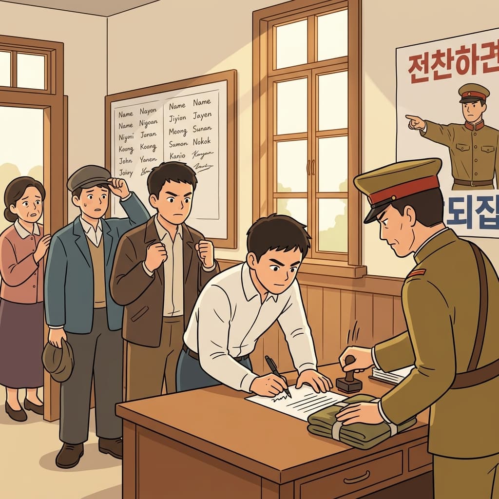 청년들이 모집소에서 서명하며 군에 입대한다.