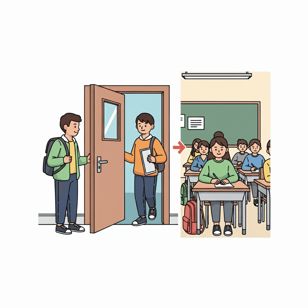 그는 수업에 등록한다 — 밖에서 안으로 들어가며 공식 구성원이 된다.