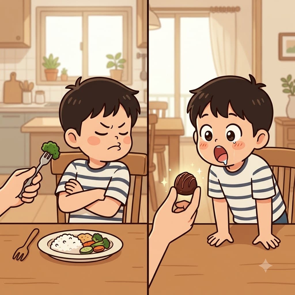 아이가 브로콜리 먹기를 고집스럽게 거부한 반면, 반짝이는 초콜릿 조각은 그가 입을 크게 벌리도록 쉽게 유도하고 유혹했다(entice).