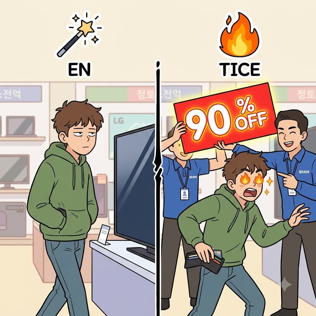 EN(만들다) + TICE(불꽃) — 고객의 마음에 거대한 욕망의 불꽃(TICE)을 만들기를(EN) 희망하며, 영업사원은 무려 90%의 할인을 사용하여 그를 유혹했다(entice).