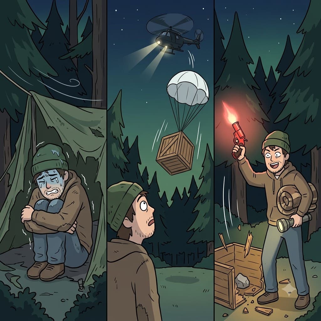 부서진 텐트(tent) 안에서 떨면서, 그는 구조 헬리콥터가 마침내 무거운 생존 장비(equipment) 상자를 보냈을(sent) 때 환호했다.