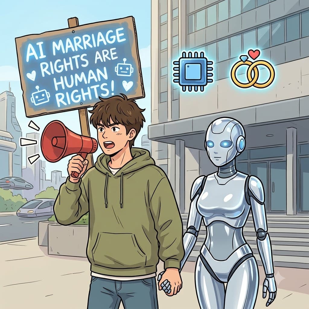 E(전자의/AI의) + SPOUSE(배우자) — 로봇 아내의 손을 꽉 잡고, 남자는 새로운 AI 결혼 권리 법안을 공개적으로 지지했다(espouse).