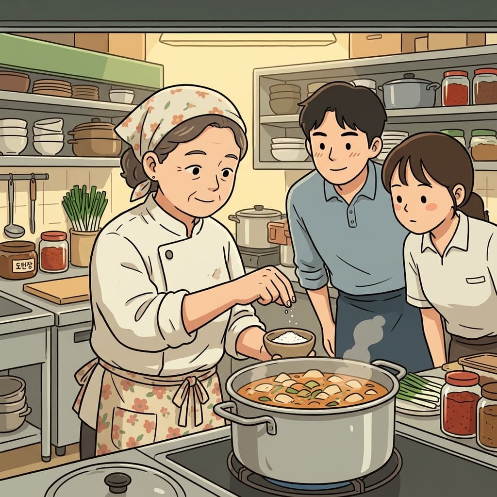 대충 가늠한 소금의 양은 국에 딱 알맞았다. ("에~ 이 정도!" → 대충 가늠된, 추정된)