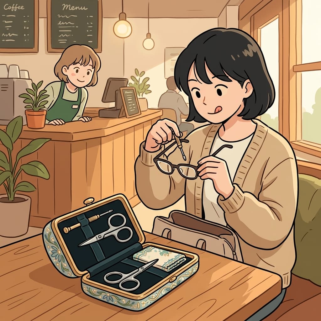 카페에서 그녀가 작은 케이스를 꺼내 안경을 손봤다.