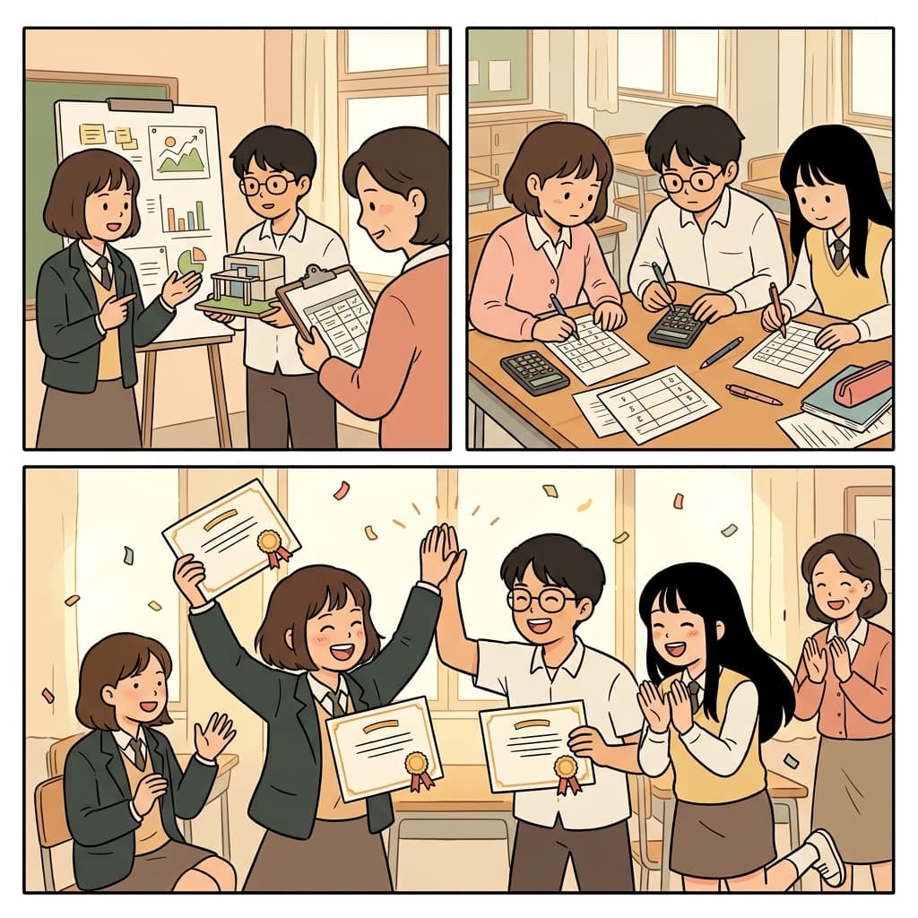 평가가 끝난 뒤 점수를 계산했고, 모두 함께 기쁘게 축하했다.