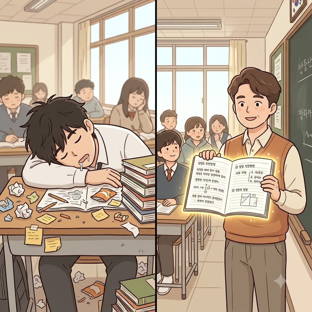 게으른 학생의 책상이 쓰레기로 덮여 있던 반면, 최상위권 학생의 완벽한 공책은 선생님에 의해 빛나는 모범(exemplar)으로 들어 올려졌다.
