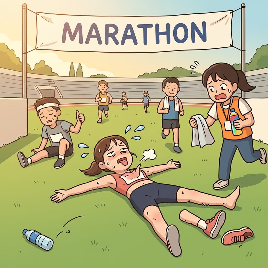 마라톤을 완주한 그녀는 완전히 지쳐 잔디밭에 쓰러졌다.