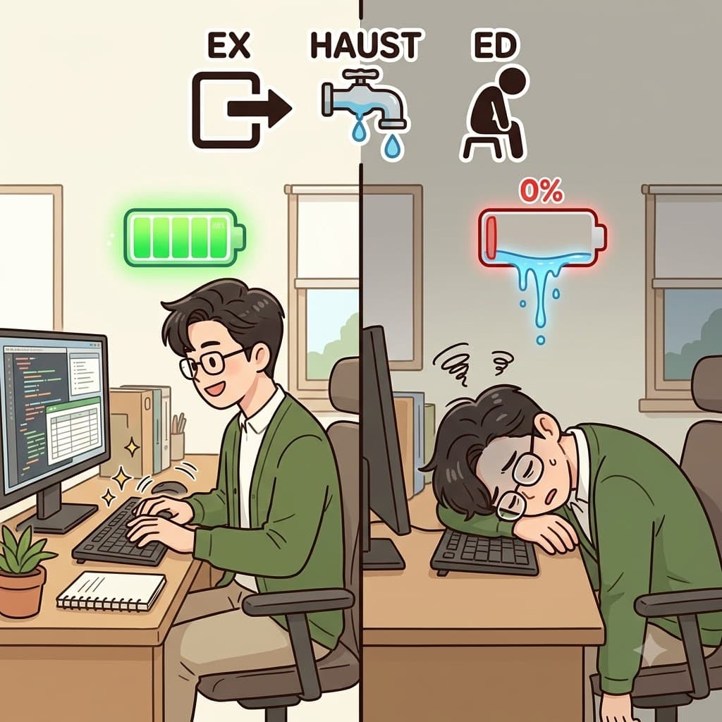 EX(밖으로) + HAUST(물을 빼다/고갈시키다) + ED(상태) — 몸의 모든 에너지가 완전히 밖으로(EX) 고갈된(HAUST) 상태(ED)로, 회사원은 완전히 기진맥진한(exhausted) 상태가 되었다.